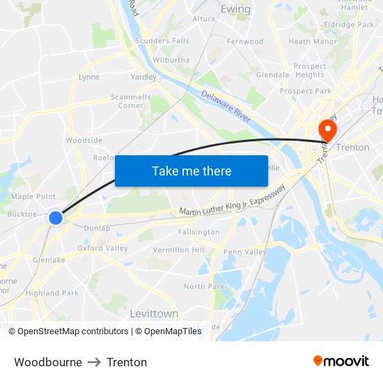 Woodbourne to Trenton map