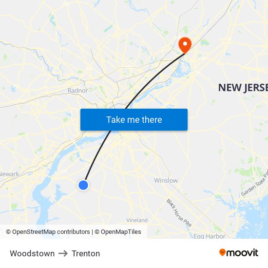 Woodstown to Trenton map
