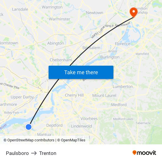 Paulsboro to Trenton map