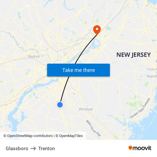 Glassboro to Trenton map