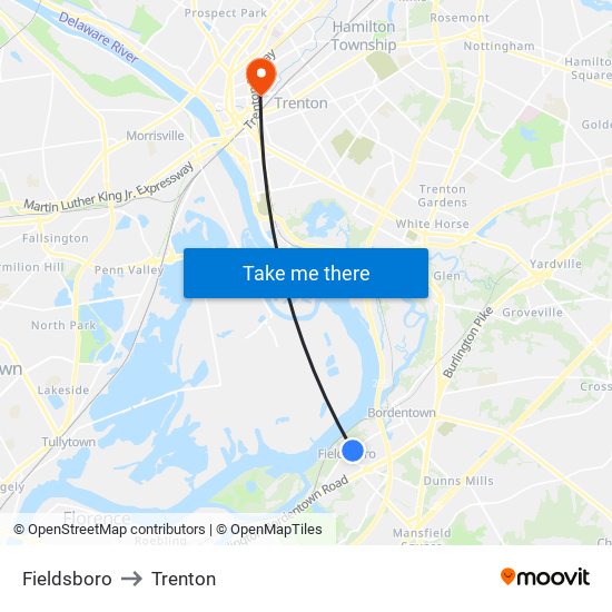 Fieldsboro to Trenton map