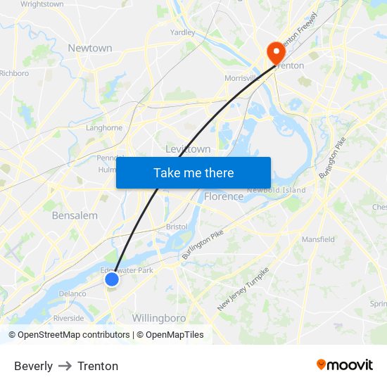 Beverly to Trenton map