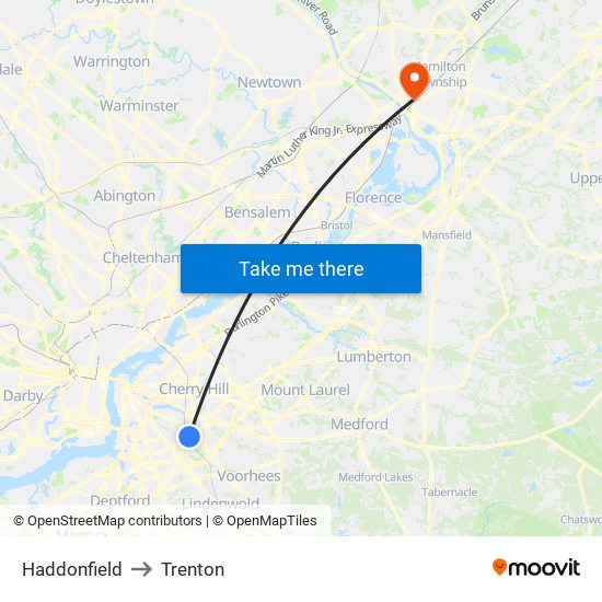 Haddonfield to Trenton map