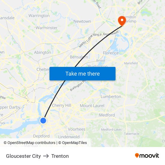 Gloucester City to Trenton map