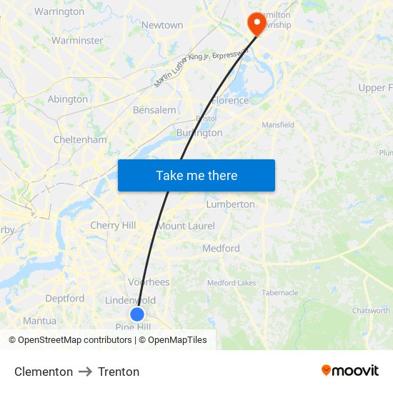 Clementon to Trenton map