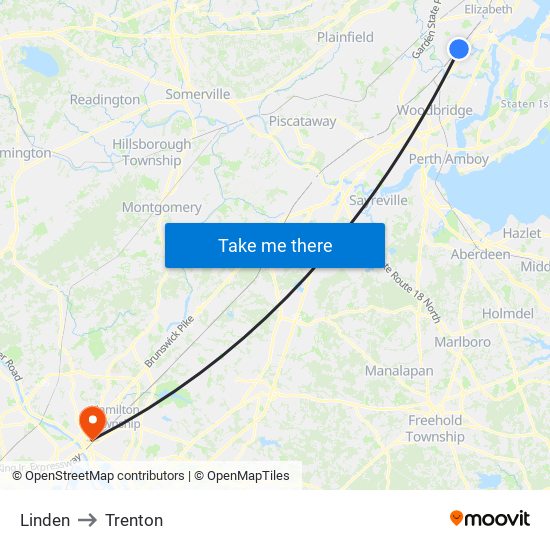 Linden to Trenton map