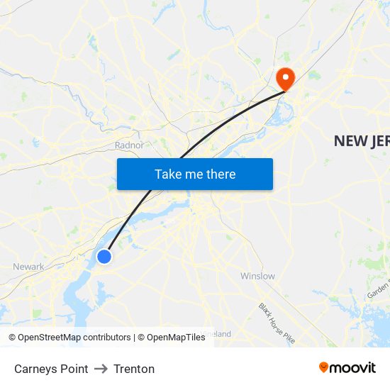 Carneys Point to Trenton map