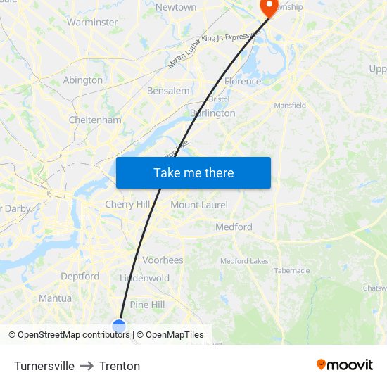 Turnersville to Trenton map