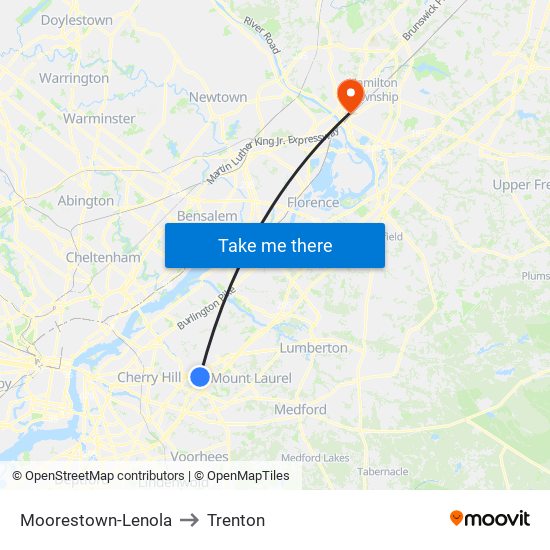 Moorestown-Lenola to Trenton map