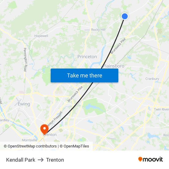 Kendall Park to Trenton map