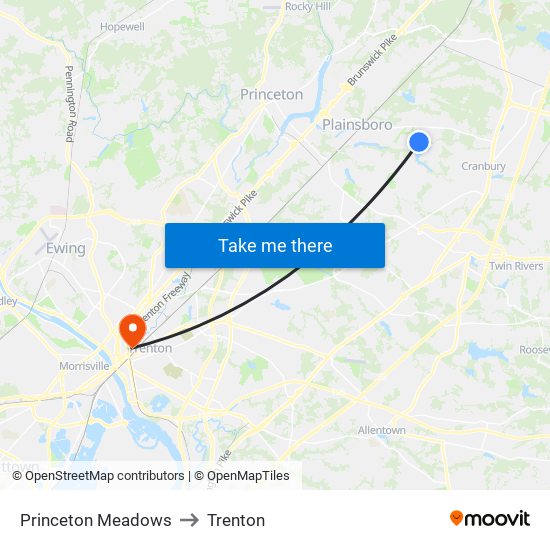 Princeton Meadows to Trenton map
