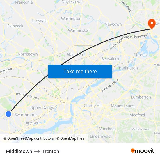 Middletown to Trenton map
