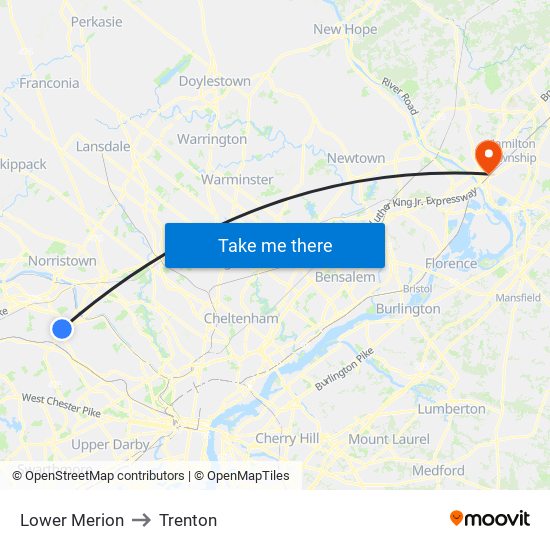 Lower Merion to Trenton map