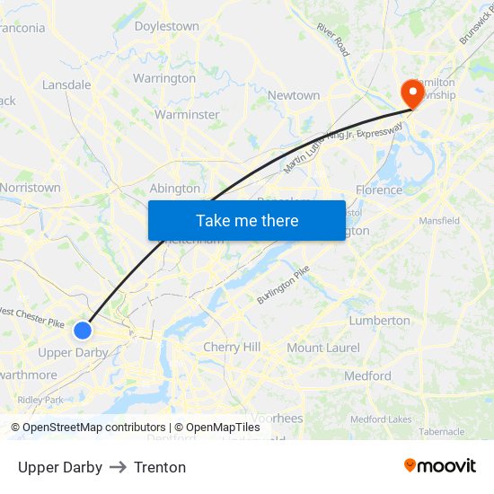 Upper Darby to Trenton map