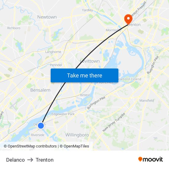 Delanco to Trenton map