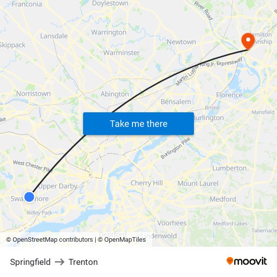 Springfield to Trenton map