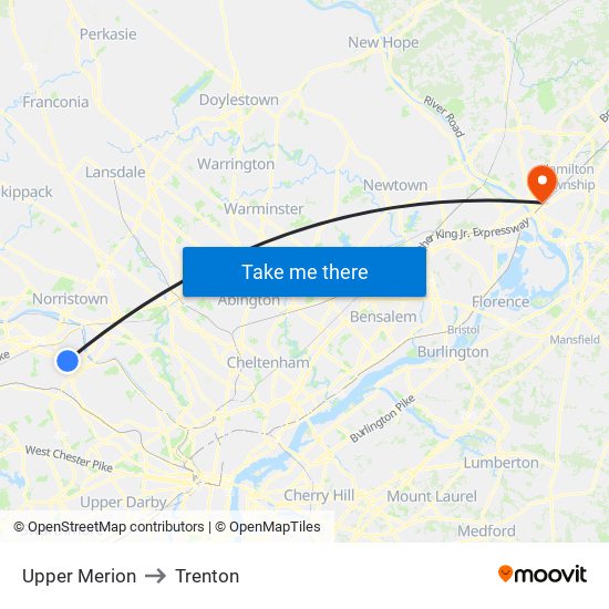 Upper Merion to Trenton map