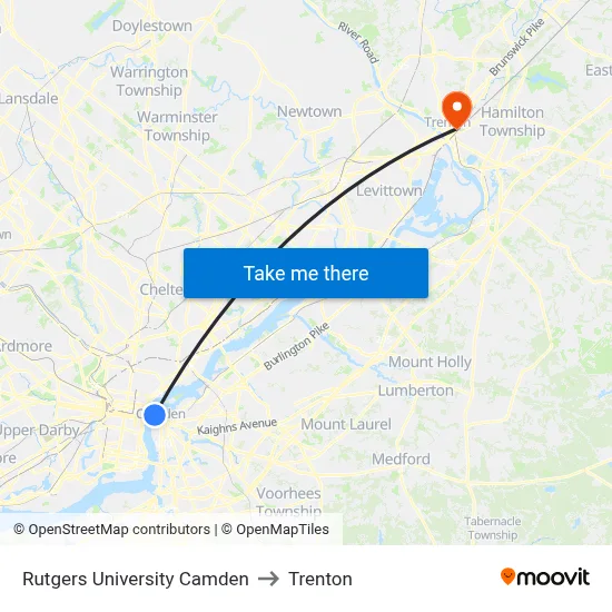 Rutgers University Camden to Trenton map