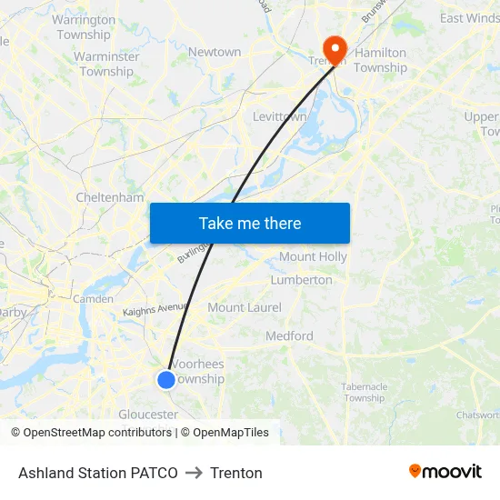 Ashland Station PATCO to Trenton map
