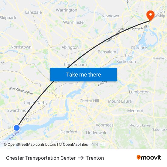 Chester Transportation Center to Trenton map