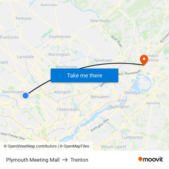 Plymouth Meeting Mall to Trenton map