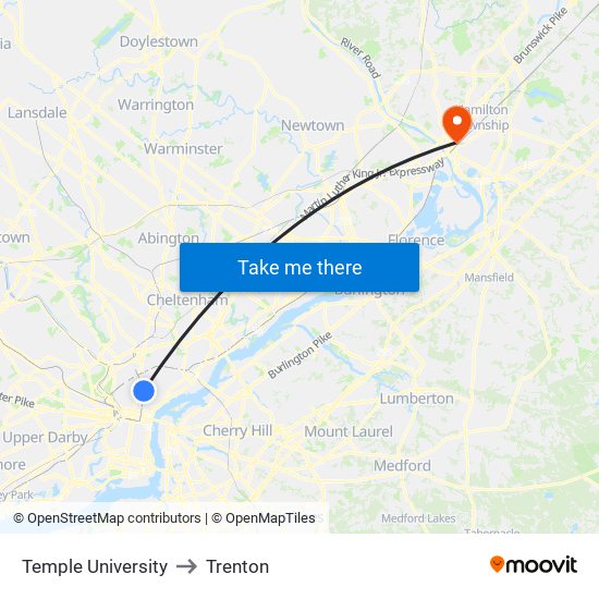Temple University to Trenton map