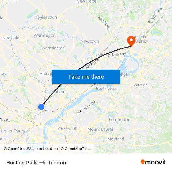 Hunting Park to Trenton map