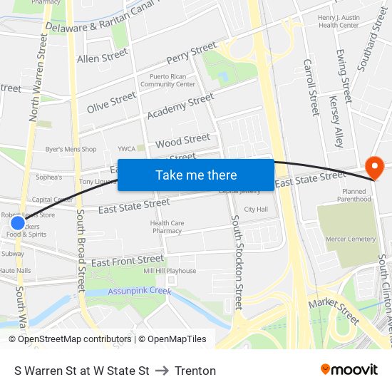 S Warren St at W State St to Trenton map