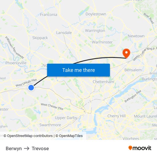 Berwyn to Trevose map