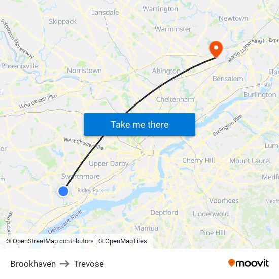 Brookhaven to Trevose map