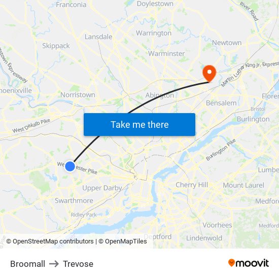 Broomall to Trevose map