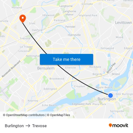 Burlington to Trevose map