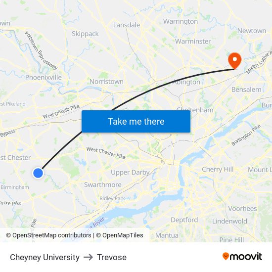 Cheyney University to Trevose map
