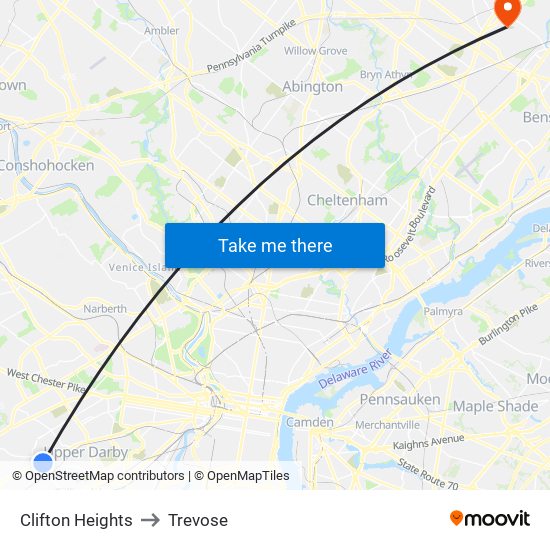 Clifton Heights to Trevose map