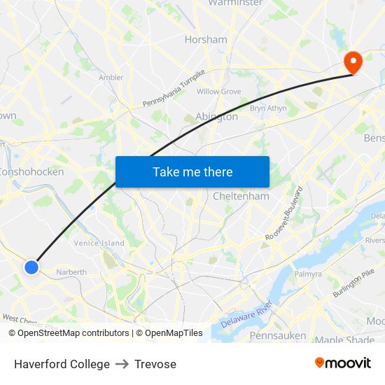 Haverford College to Trevose map