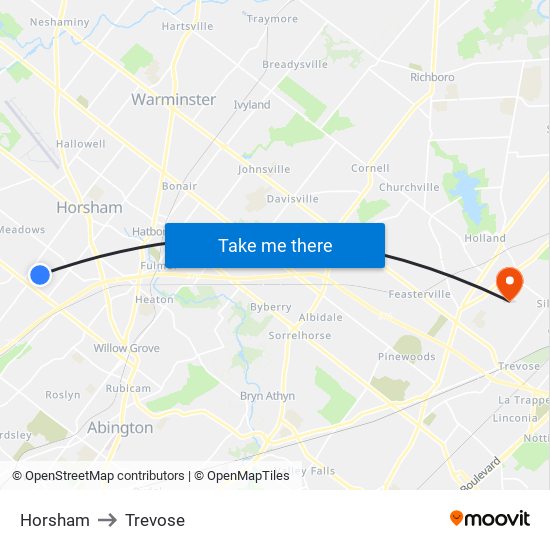 Horsham to Trevose map