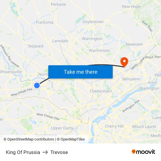 King Of Prussia to Trevose map