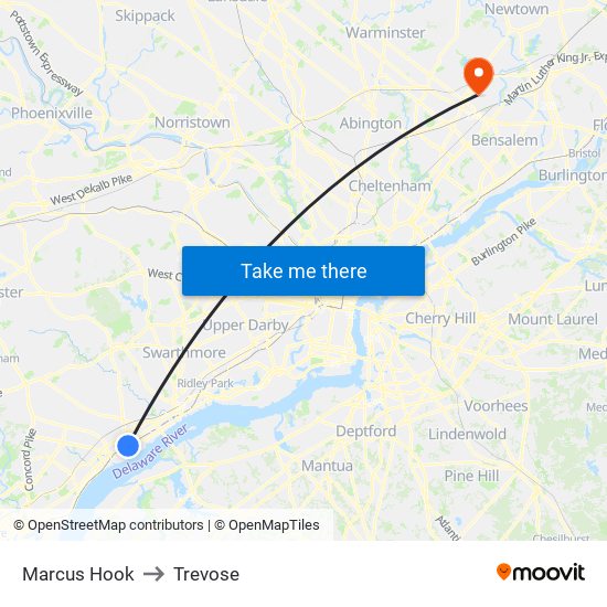 Marcus Hook to Trevose map