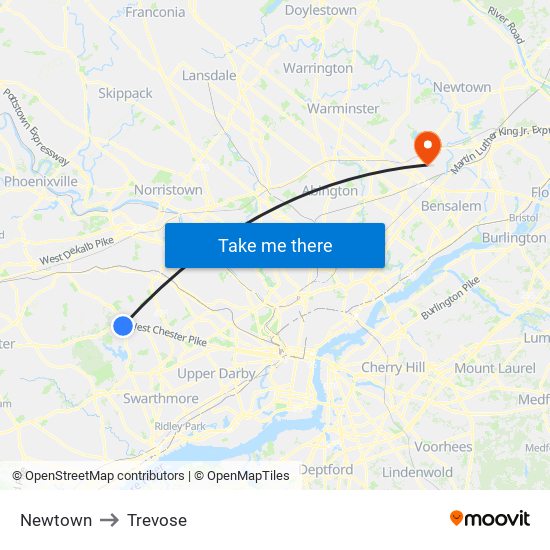 Newtown to Trevose map