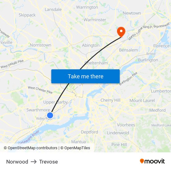 Norwood to Trevose map