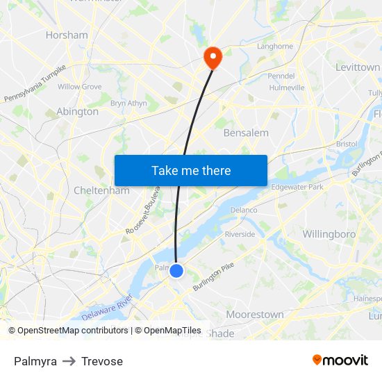 Palmyra to Trevose map