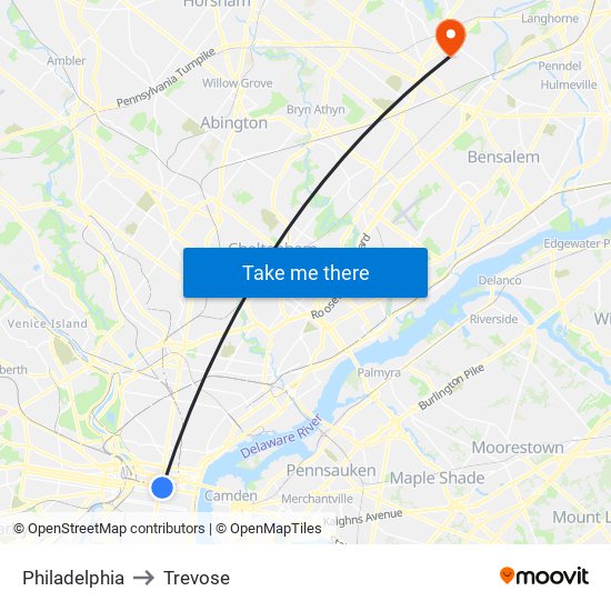 Philadelphia to Trevose map