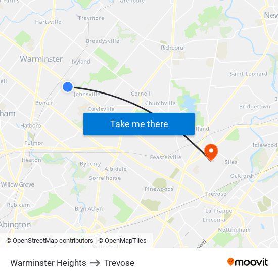 Warminster Heights to Trevose map