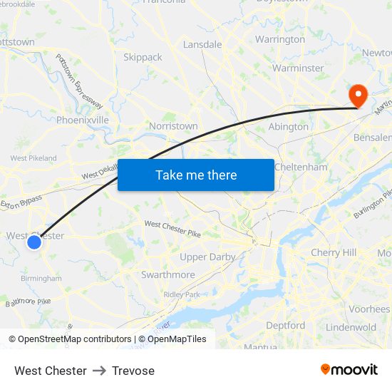West Chester to Trevose map