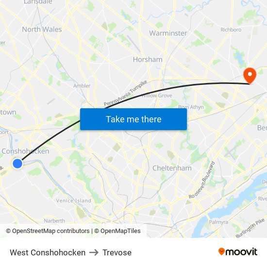 West Conshohocken to Trevose map