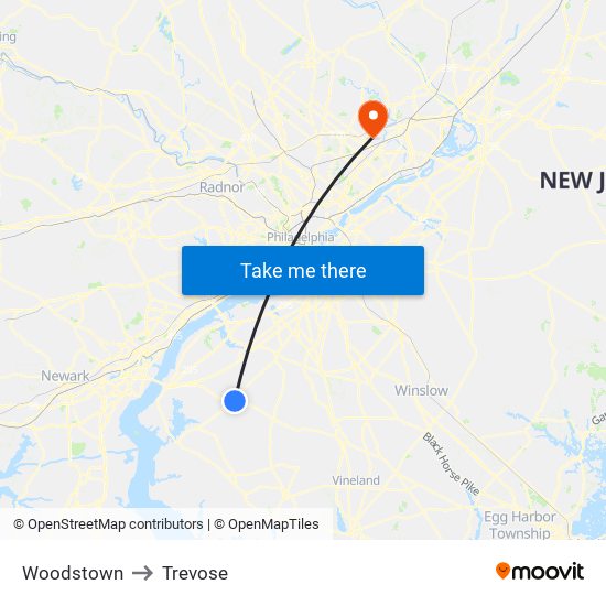 Woodstown to Trevose map