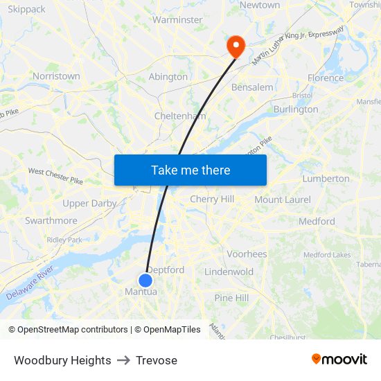 Woodbury Heights to Trevose map