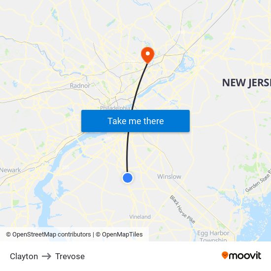 Clayton to Trevose map