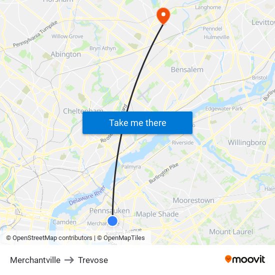 Merchantville to Trevose map