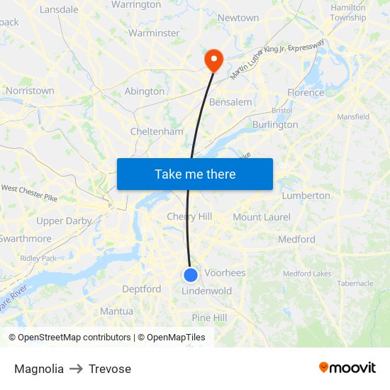 Magnolia to Trevose map